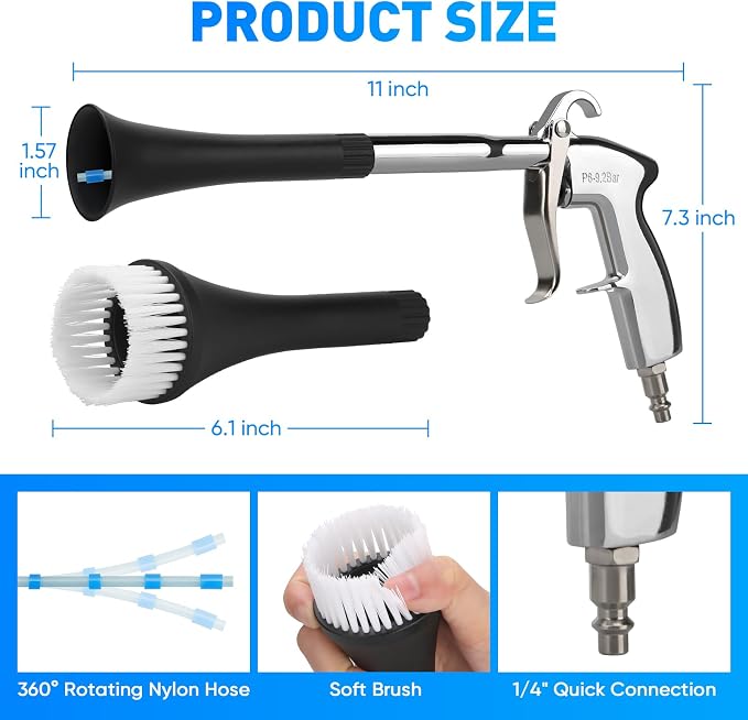6-9.2Bar Car Air Blow Gun for Car Interior/Exterior Cleaning, Dryer Air Gun | High Pressure Car Detailing Cleaning Tool with 2 Set Nozzle&Towel, Auto Dusting Brush for Vehicle Upholstery Carpet Seat