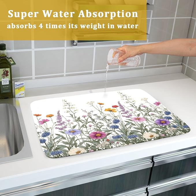 Giwawa Flower Herbs Dish Drying Mat Botanical Plant Dishes Drainer Mat 18x24 inch Reversible Microfiber Drying Dish Pad for Kitchen Counter Decor