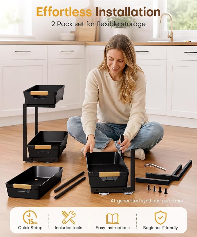 Homde Sliding Under Sink Organizer: 2 Pack 2-Tier Cabinet Shelf with Upper & Lower Pull-Out Baskets - C-Shaped 3 Adjustable Heights for Kitchen Bathroom