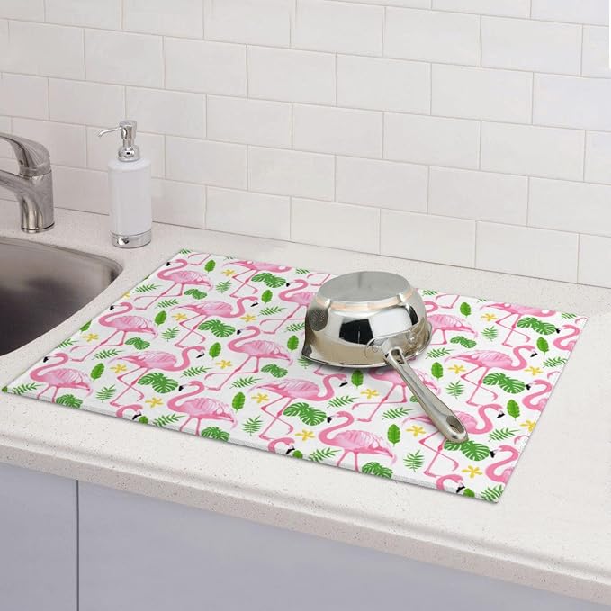 Pink Flamingo Leaf Dish Drying Mat For Kitchen Counter, Super Absorbent Microfiber Dish Drying Pad, Kitchen Gadgets For Easy Clean Multi-Use Large 18"x24"