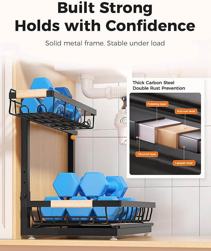 Sevenblue 3 Pack Under Sink Organizer, Height Adjustable 2 Tier Pull-Out Metal Under Kitchen Sink Organizer, Multi-Purpose Storage Shelves for Kitchen Bathroom Cabinet, Black