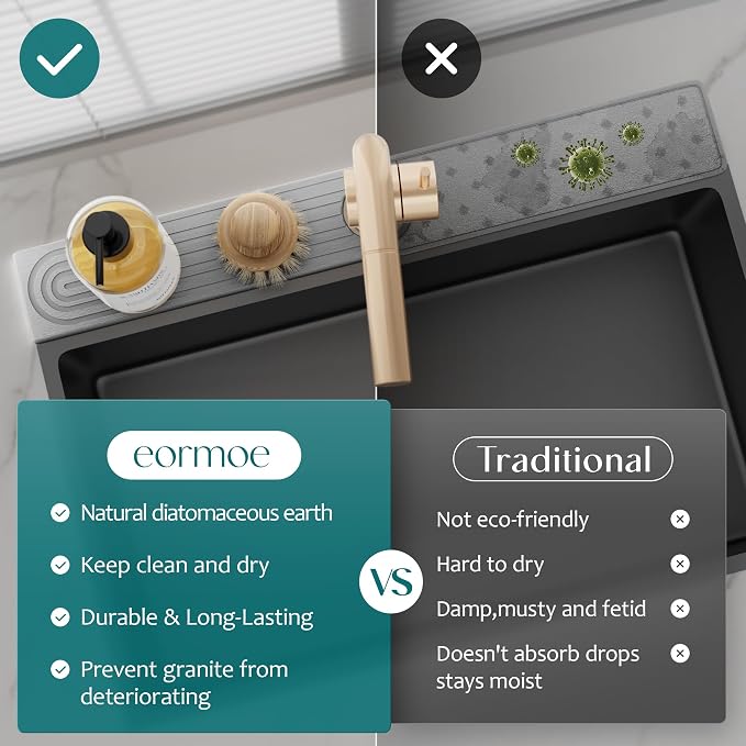 eormoe Diatomite Kitchen Faucet Mat - 14Inch Water Absorbing Stone Tray for Sink, Stone Fast-Drying Faucet Mat for Kitchen Counter Sink Accessories (Grey, 14'' x 3.9'')