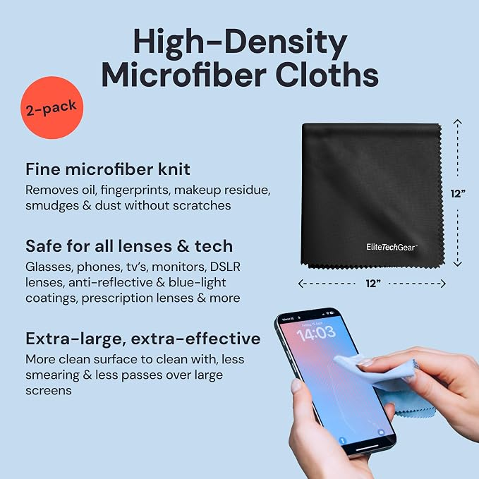 Elite Tech Gear Microfiber Cleaning Cloth Kit with Lens Cleaner Sprays | 2-pc Glasses Cleaning Cloths - 3-pc Alcohol Free Lens Cleaner Sprays - Streak-Free - Safe for Delicate Lenses, TV's & Phones