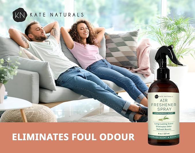 Kate Naturals Air Freshener Spray for Home. Lemongrass Essential Oil Odor Eliminator Room Freshener Spray for Pillows, Bedding, Linen (8 fl oz, Pet Safe, Non-Toxic) | Pet Safe, Non-Toxic, Essential Oil Odor Eliminator Room Freshener Spray for Pillows, ...