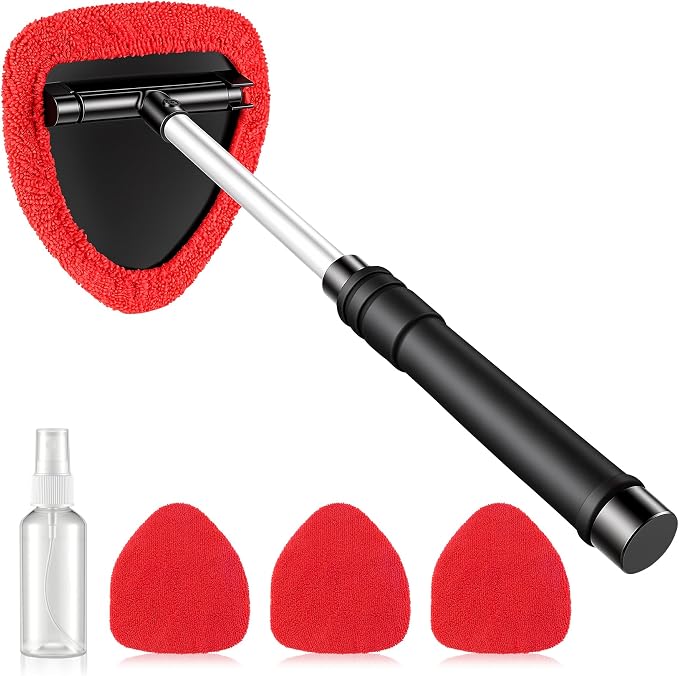 JUSTTOP Windshield Cleaner Tool, Car Interior and Exterior Window Cleaning Kit with Extendable Handle & 4 Reusable Microfiber Pads, Auto Glass Wiper Brush Kit for Car & Home Windows (Red)
