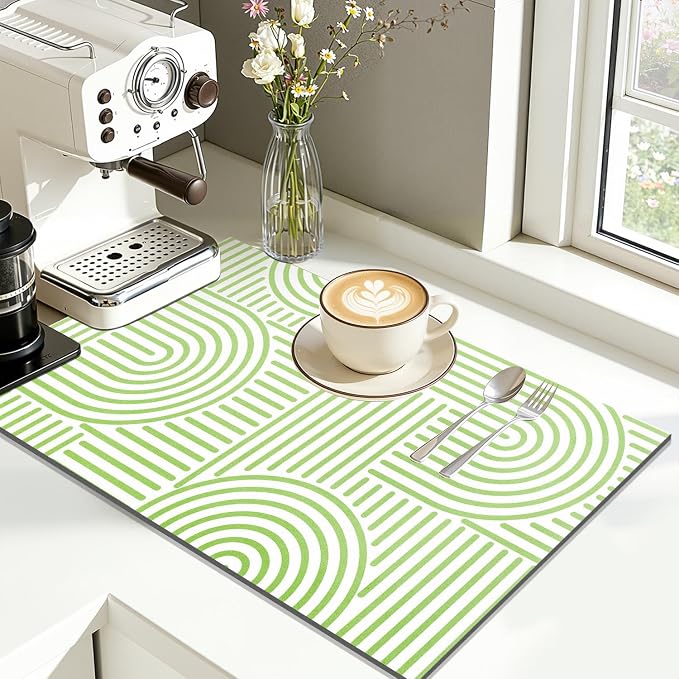 Findosom Dish Drying Mat, 12" x 20" Super Absorbent Dish Mat with Modern Geometric Striped, Hide Stain Drying Mat for Kitchen Counter, Under Dish Rack, Coffee Maker, Espresso Machine, Green & White
