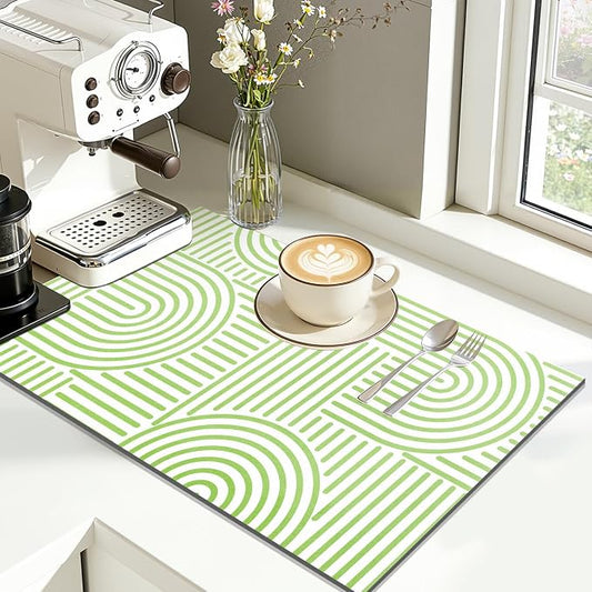 Findosom Dish Drying Mat, 12" x 20" Super Absorbent Dish Mat with Modern Geometric Striped, Hide Stain Drying Mat for Kitchen Counter, Under Dish Rack, Coffee Maker, Espresso Machine, Green & White