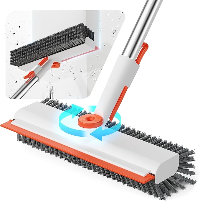 Floor Scrub Brush with Long Handle, 3 in 1 Deck Brush with Squeegee | 360° Swivel, Dual-side Bristle Floor Scrubber with Tweezer for Tile Wall Bathtub Patio Garage Pool Kitchen (Orange and White