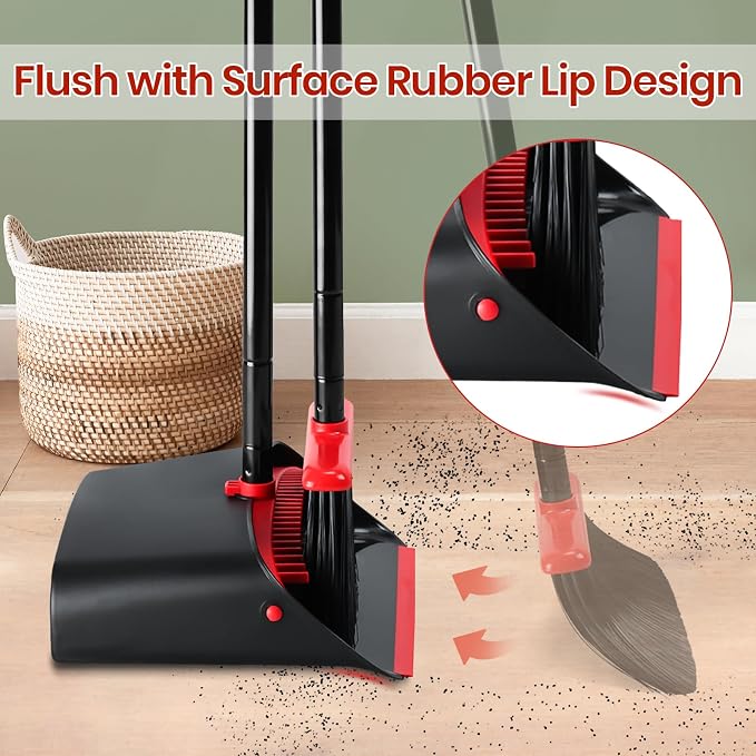 TreeLen Dust Pan and Broom/Dustpan Cleans Broom Combo with 52" Long Handle for Home Kitchen Room Office Lobby Floor Use Upright Stand Up Broom and Dustpan Set - Black/Red