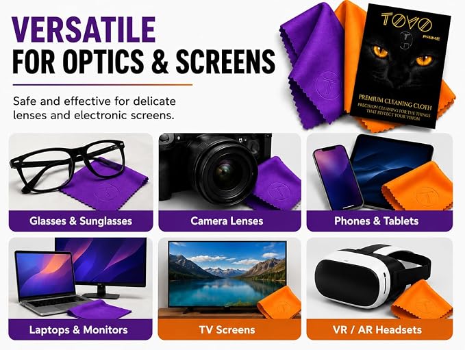 Microfiber Cleaning Cloth, 2 Pack + Velvet Pouch, 6"x7",230 GSM Thick Lens Cleaner for Glasses, Camera & Screens, Ultra Soft, Streak-Free, Lint-Free, Scratch-Safe- Vibrant Series