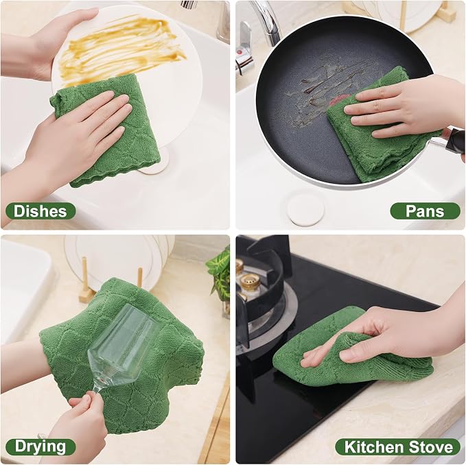 Homaxy 24 Pack Kitchen Dish Cloths (10 x 10 Inches, Grass Green), Super Soft and Absorbent Coral Velvet Dish Towels, Nonstick Oil Fast Drying Microfiber Cleaning Cloth, No Lint Household Dishcloths