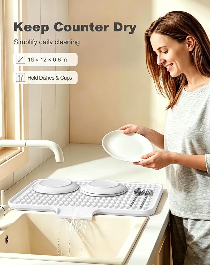 Rnivvi Silicone Dish Drying Mat for Kitchen Counter, 16 x 12" Drainer Pad with Drainage Spout, Heat Resistant Trivet Non-Slip Dish Rack Mats for Countertop Protection, Kitchen Bar Decor Pad, White