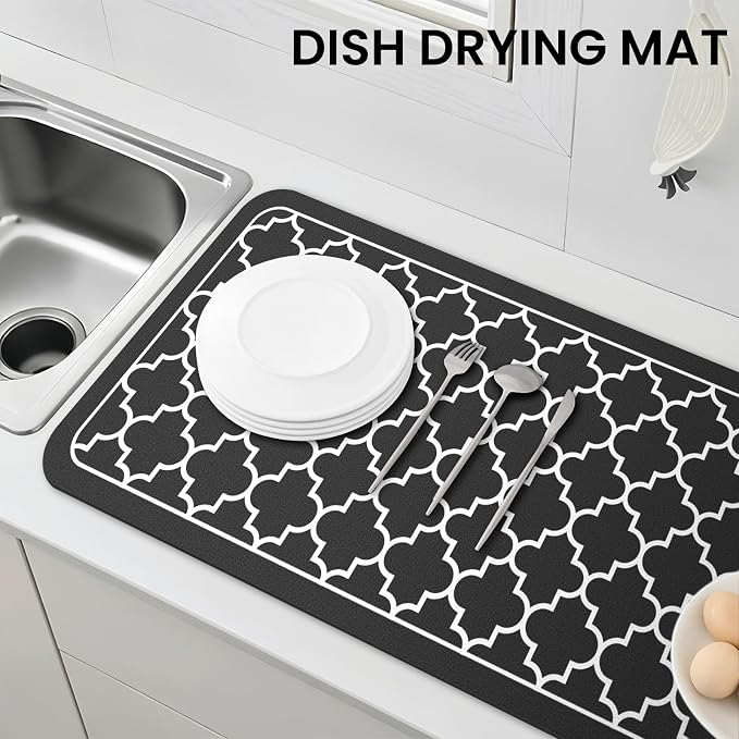 WISELIFE Dish Drying Mat Super Absorbent Drying Mat Large Dish Drying Mats for Kitchen Counter Easy Clean Dish Mat Kitchen Drying Mat18"x 36" Stylish Black