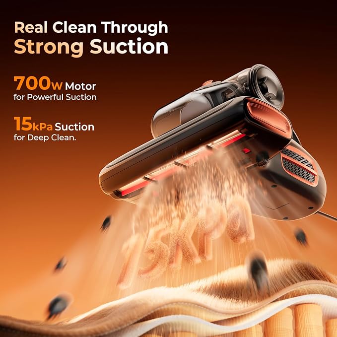 JIGOO T600 Bed Vacuum Cleaner with UV-C Light, 15Kpa Suction 700W Powerful Double Cup Handheld Vacuums, Mattress Vacuum Cleaner with Smart Dust Sensor, Ultrasonic & Heating Tech, HEPA Filter - Corded