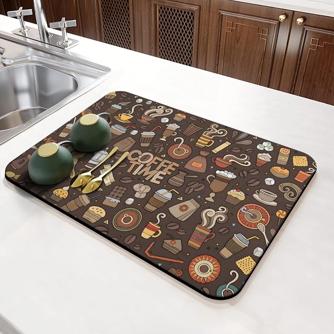 Fun Coffee Mat 23inx15in,Coffee Bar for Countertops,Absorbent Hide Stain Anti-Slip Accessories Fit Under Machine Mat,dish Drying Mats Kitchen, (DS)