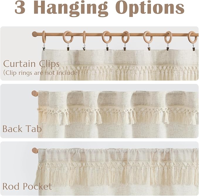 jinchan Tassel Linen Tier Curtain, Back Tab, 50x36, 1 Panel, Natural | Light filtering, rod pocket, cafe curtains, machine washable, small window treatment, boho style, kitchen, laundry room