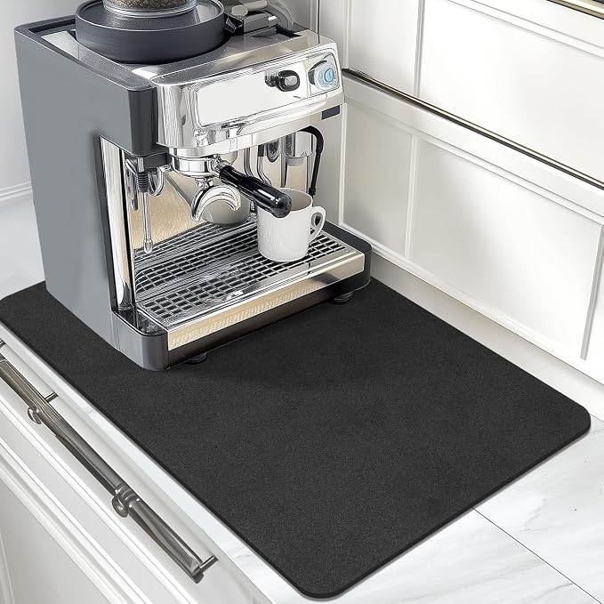 Findosom Dish Drying Mat, 12"x 20" Super Absorbent & Hide Stain Coffee Mat, Cuttable Drying Mat for Kitchen Counter, Coffee Bar Accessories, Under Dish Rack, Coffee Maker, Espresso Machine, Black-2