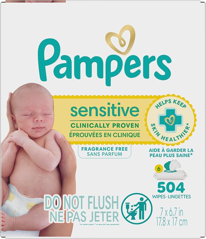 Pampers Sensitive Baby Wipes, Clinically Proven, Fragrance Free, Unscented, Water Based, Hypoallergenic, Multi-Use, Hand Wipes 504 Wipes Total (6X Flip-Top Packs) [Packaging May Vary]