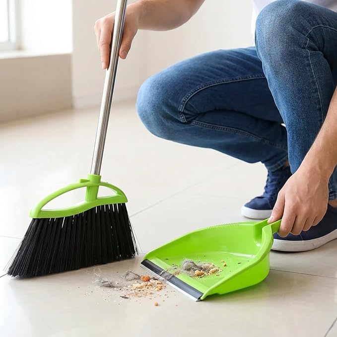 Soft Bristles Green Angle Broom and Dustpan Set, Long Handle Household Indoor Broom with Dustpan Combo Set for Room Kitchen Lobby Office Hardwood Floor Sweeping Floor Cleaning