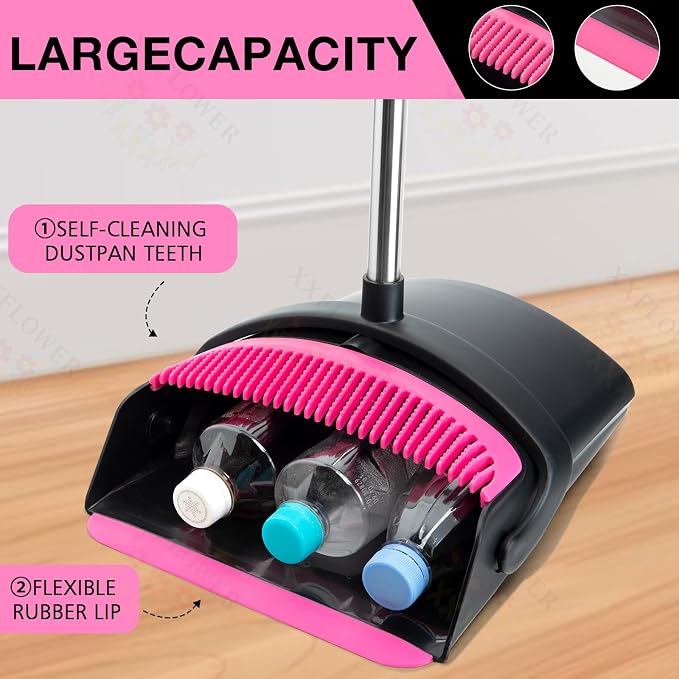 Broom and Dustpan Set, Long Handle Lightweight Dustpans with Broom Combo for Home, Indoor&Outdoor Sweeping for Home Room Kitchen Office Lobby (Black Pink)