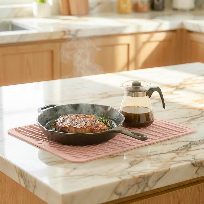 MicoYang Silicone Dish Drying Mat — Quick-Dry Ridges Counter & Sink Pad, Heat-Resistant Trivet to 450°F, Non-Slip & Dishwasher Safe, Roll-Up Storage, 18 Colors & 9 Sizes (Pink, 16"×12")