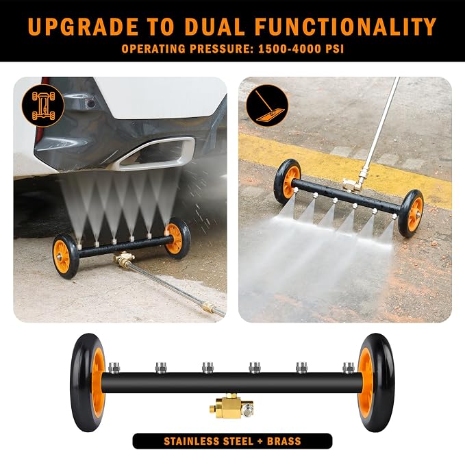 Undercarriage Pressure Washer Attachment, Siebwin 16" Dual-Function Water Broom for Pressure Washer Undercarriage Cleaner with 3 Pieces Extension Wand, 4000 PSI, Orange