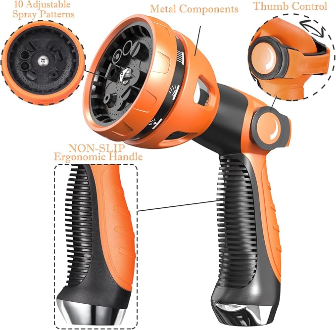 Water Hose Nozzle|Garden Hose Nozzle Hose Spray Nozzle with 10 Patterns High Pressure Hose Nozzles for Garden Hose for Watering Plants Washing Cars Pets(Orange)