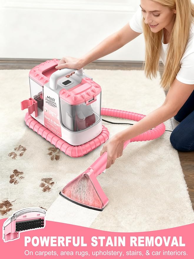 Portable Carpet & Upholstery Cleaner Machine for Pets, Powerful Suction Spot Cleaner for Couch, Sofa, Rugs, Stairs & Car Interior, Lightweight Deep Stain Remover with Cleaning Solution, Pink