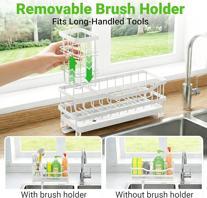 Sponge Holder for Kitchen Sink, Rustproof Sink Caddy Organizer with Dish Brush Holder, Self-Draining Kitchen Sink Organizer Countertop for Soap Dispenser, Scrubber and Sink Storage Essentials, White