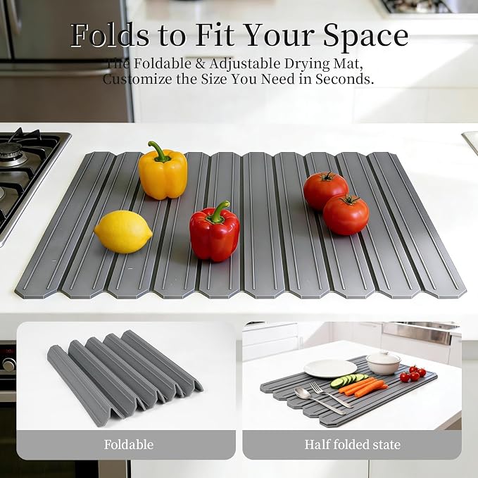 Silicone Dish Drying Mat for Kitchen Countertop - Waycco Large Customizable (Foldable & Trimmable) 23.6"x15.8" Heat Resistant Non-Slip Sink Mat for Dishes Cups & Fruits, Dishwasher Safe, Dark Grey