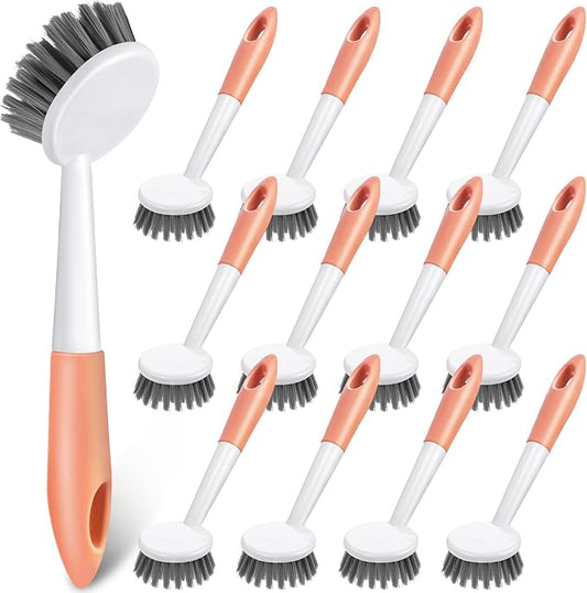 Patelai 12 Pack Kitchen Scrub Dish Brush with Long Handle Dish Scrubber with Stiff Bristles Scrub Brushes for Kitchen Dishes Washing Tools, Pots, Pans and Sink Cleaning (Orange)