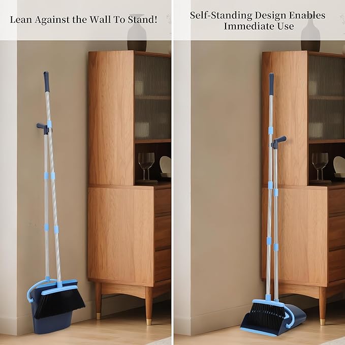 Broom and Dustpan Set 52-in Long Adjustable Handle Broom Dustpan Combo | Upright Dustpan with Teeth to Automatically Clean Hair, Suitable for Home Kitchen Office Hall Floor Garden Lobby (Blue)