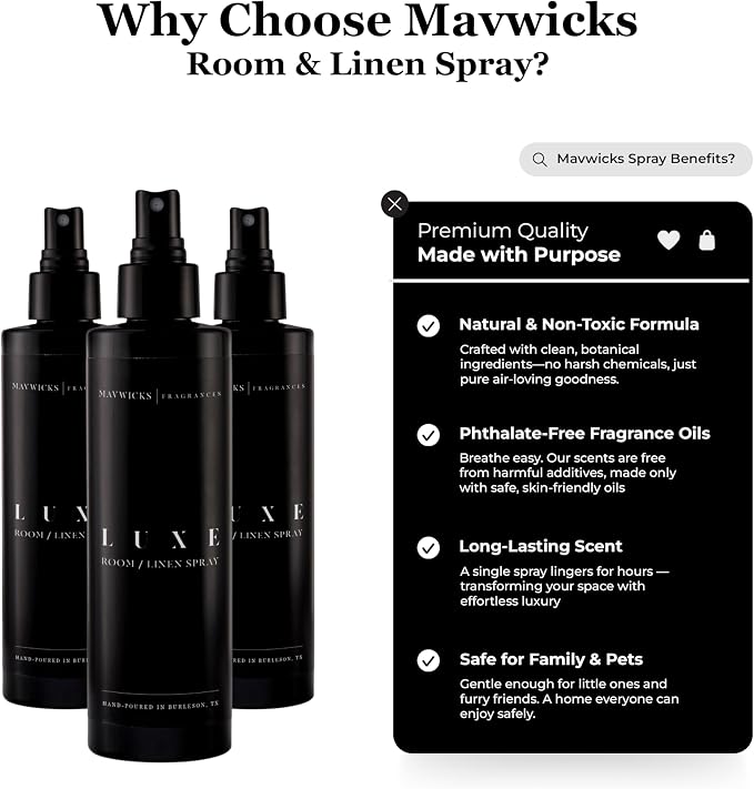 Mavwicks Fragrances - (Luxe) Linen & Room Spray (8oz) – Bedroom & Home Fragrance Mist, Long-Lasting Freshness To Brighten Up Your Space, Fabric & Air Freshener, Aromatherapy Scent Spray