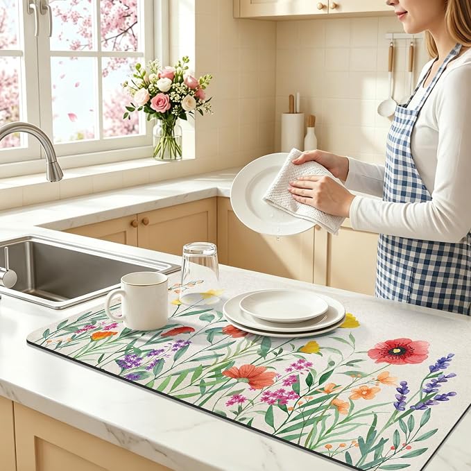 LOKHOM Dish Drying Mat for Kitchen Counter, 17"x32" Absorbent Coffee Bar Mat with Spring Floral, Dish Drainer Rack Mat for Kitchen Counter