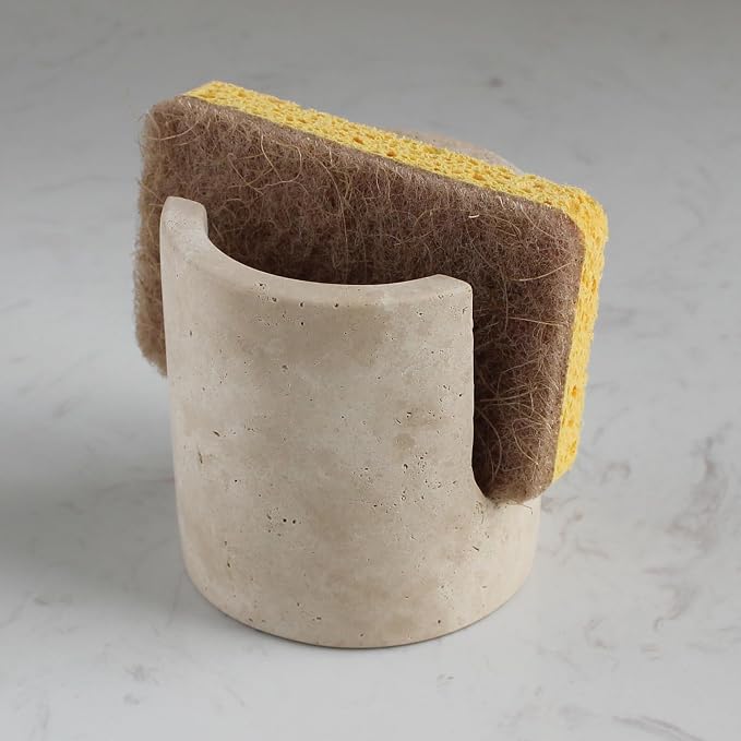 Nawgnail Natural Marble Travertine Sponge Holder for Kitchen Counter, Drying Rack, Sponge Caddy for Sink Organizer - Beige Travertine