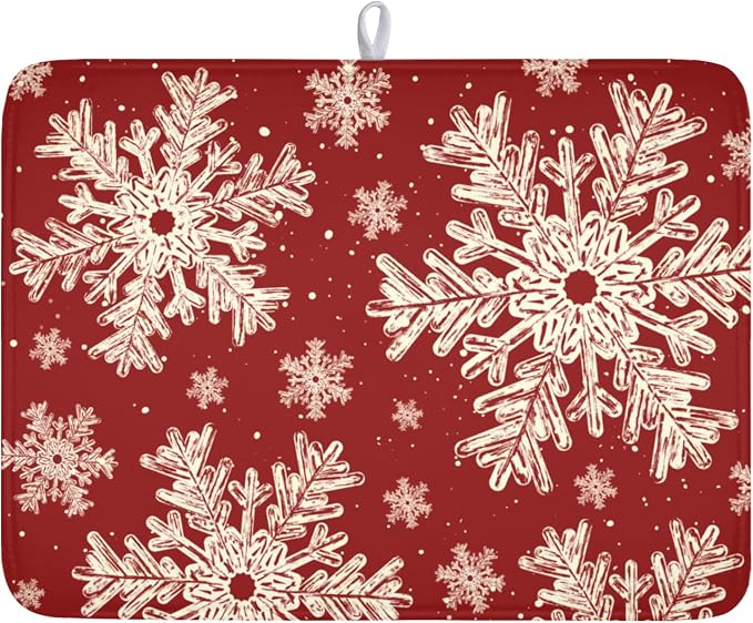 Red Christmas Dish Drying Mat for Kitchen Counter 18x24 Inch | Christmas Snowflake Dish Drainer Mat Rustic Farmhouse Xmas Holiday Absorbent Washable Drying Pad