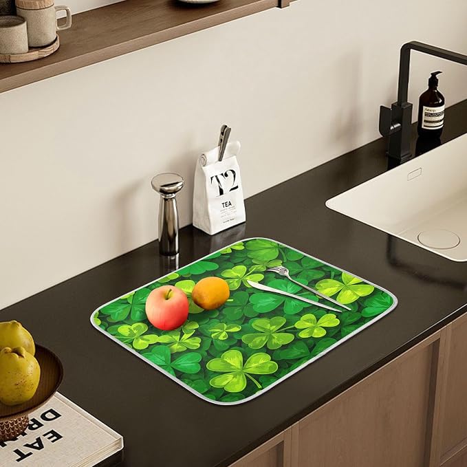 Patricks Day Shamrocks Lucky Clover Leaves Dish Drying Mat for Kitchen Counter Absorbent Microfiber Large Drying Pad Dish Mats for Kitchen Countertops 18 x 24 Inch