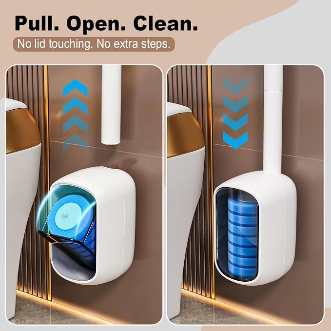 Disposable Toilet Brush with 35 Refill Pads, Auto-Open, Water-Activated Cleaning Heads, Wall-Mounted Toilet Kit for Bathroom & Tub