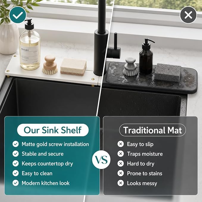 2PCS Stone Faucet Mat for Kitchen Sink, Water Absorbing Sink Tray Organizer for Bathroom Counter, Diatomite Soap Dish Coaster Caddy Riser, Sponge Holder Dispenser Mat, Gold White 23.6" x 4", 1 Set