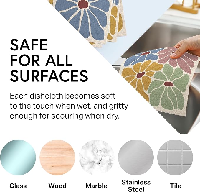 Swedish Wholesale Dishcloths Reusable 8" x 7" Sponge Cloths, Bulk 10 Pack of High Absorbent Cellulose Dish & Kitchen Cleaning Hand Towels, Wring to Dry & Machine Wash, Odor Resistant, Retro Flower