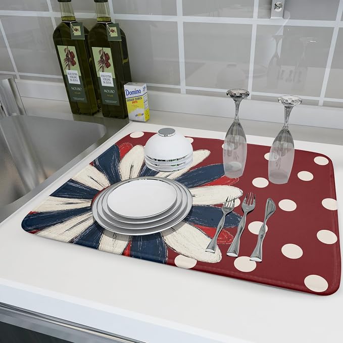 Patriotic Dish Drying Mat 18x24 In Red and Blue Daisy Microfiber Kitchen Draining Mat for Countertops