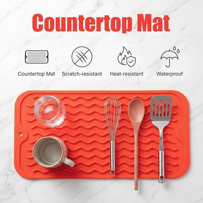 MicoYang Silicone Dish Drying Mat for Multiple Usage,Easy clean,Eco-friendly,Heat-resistant Silicone Mat for Kitchen Counter or Sink,Refrigerator or Drawer Liner Orange S 12 inches x 6 inches