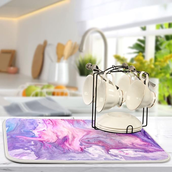 Super Absorbent Dish Drying Mat, Microfiber Fast-Drying Dish Mat, 16" x 18", Kitchen Dish Drying Pad, Abstract Purplr Pink Marble Paint
