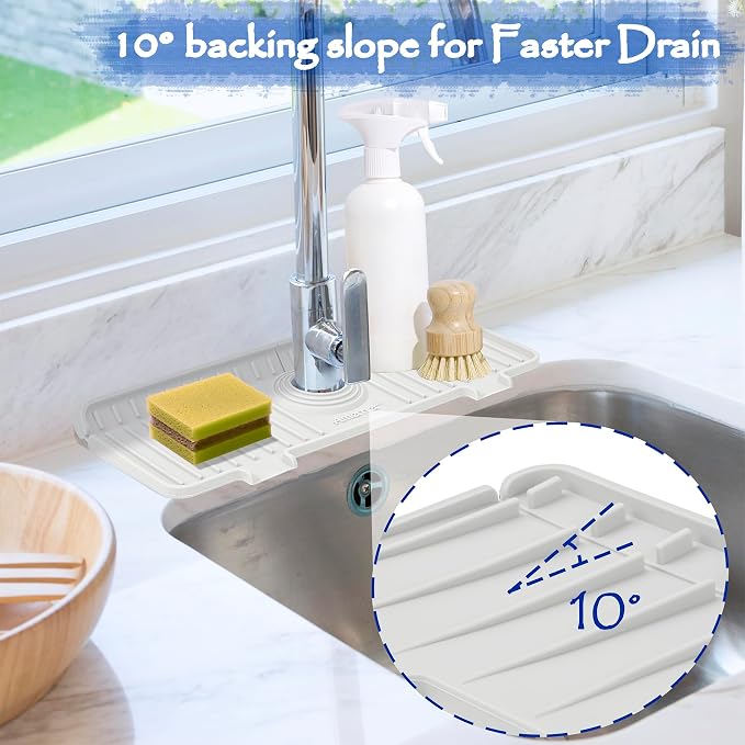Amerner Kitchen Sink Splash Guard, Silicone Faucet Guard & Draining Mat, Bathroom and Kitchen Sink Organizer, Sink Faucet Mat Water Splash Guard Behind Faucet Accessories Gadgets, 14.2” x 5.1”, White
