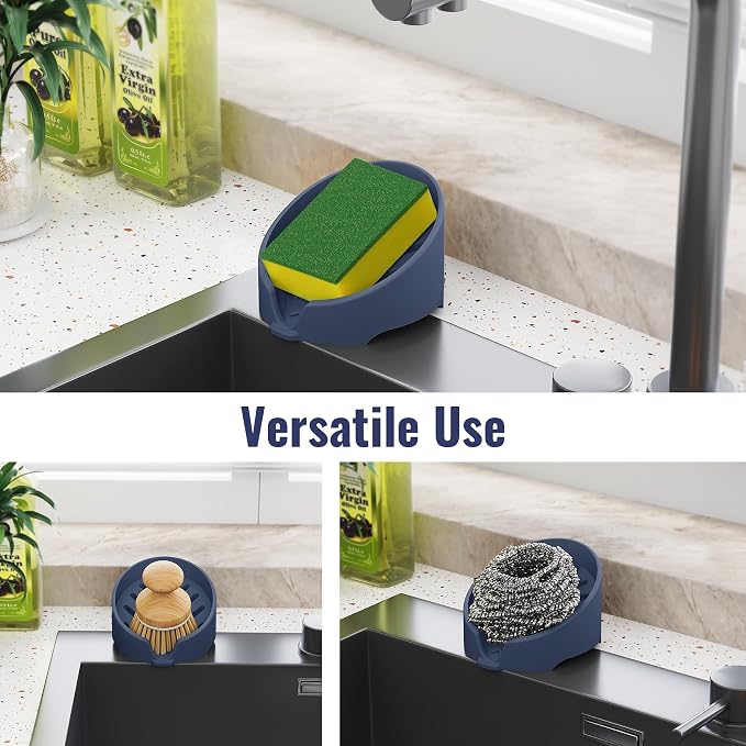 NiHome Silicone Sponge Holder for Kitchen Sink, Fits Scrub Daddy Mommy | Self-Draining Dispenser Organizer Tray, Sink Caddy Countertop Fits Soaps, Scrubber, Dishwasher Safe, Includes Brush,Dark Blue