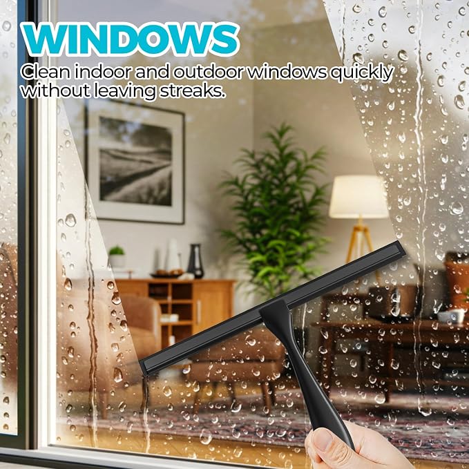 ALFLOD Shower Squeegee for Glass Doors, Tile Walls, Mirrors and Windshields | 9.5" black, bathroom accessories, window cleaner, new home essentials, silicone blade, metal handle, adhesive hook