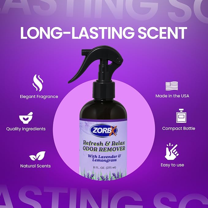 ZORBX Refresh & Relax Lavender Lemongrass Odor Remover Spray 8 Oz, 2-Pack | Natural Room Deodorizer for Medical Rooms, Closet, Home, Bathroom, Furniture, Carpet, Car, Gym & Laundry, Permanent Solution