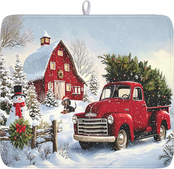 Giwawa Red Truck Dish Drying Mat Winter Xmas Tree Drainer Rack Pad 16"x18" Microfiber Absorbent Quick Dry Dish Sink Mat for Table Kitchen Counter