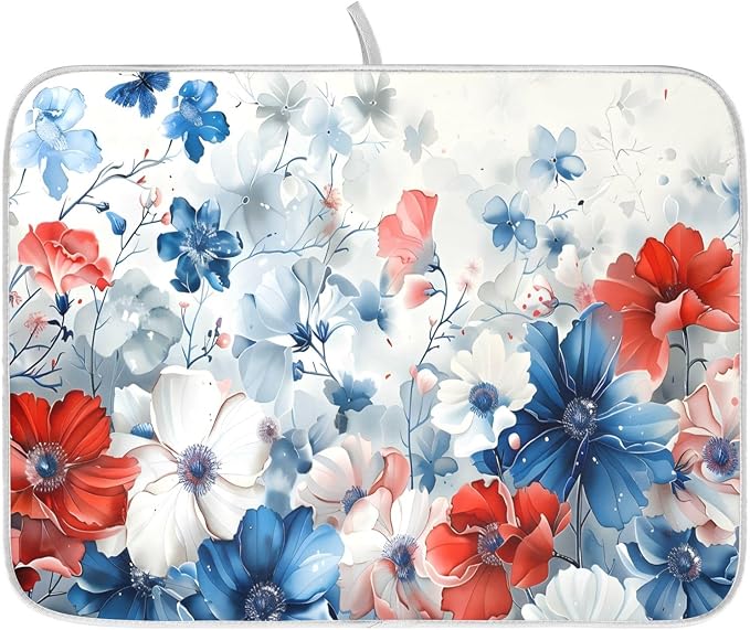 4th of July Patriotic Blue Red White Flowers Dish Drying Mat for Kitchen Ccounter Absorbent Microfiber Small Independence Day Drying Pad Dish Mats for Kitchen Countertops 16 x 18 Inch