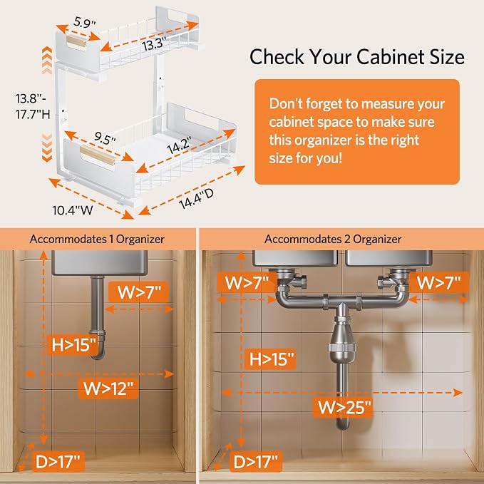 Delamu Under Sink Organizer 2 Pack, Pull Out Cabinet Organizer for Kitchen Sink, 2 Tier Metal Slide Out Shelf Caddy for Bathroom Storage, 5 Adjustable Heights for Pantry & Laundry Room, White